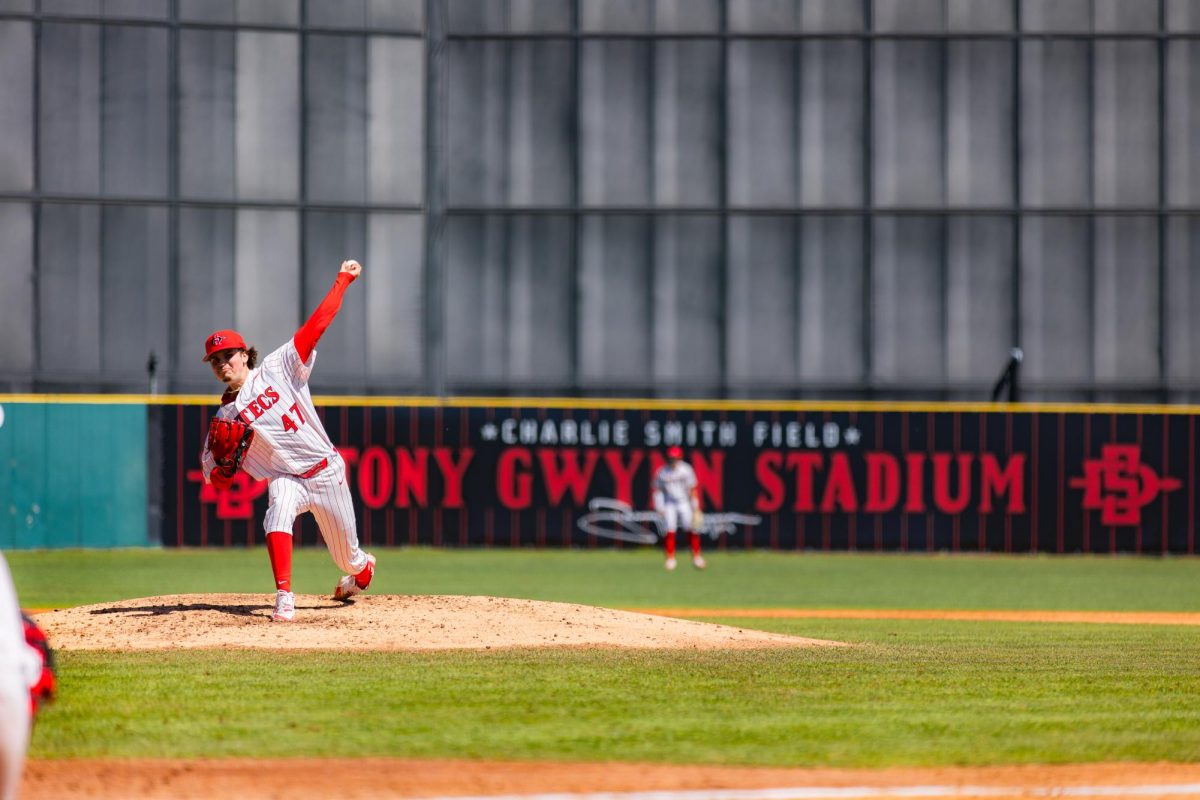 San Diego State pitcher Garvey Rumary delivers a pitch against San Jose State earlier this season at Tony Gwynn Stadium.