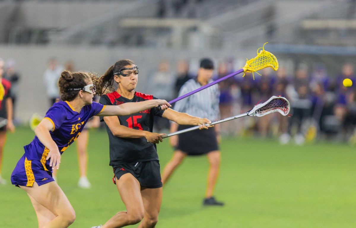 San Diego State sophomore attacker Frankie Garica shoots a last minute shot to send the Aztecs into the lead 17-16 with 45 seconds left against East Carolina at SnapDragon Stadium on Monday, Mar. 11, 2025. 
seconds left in the game.