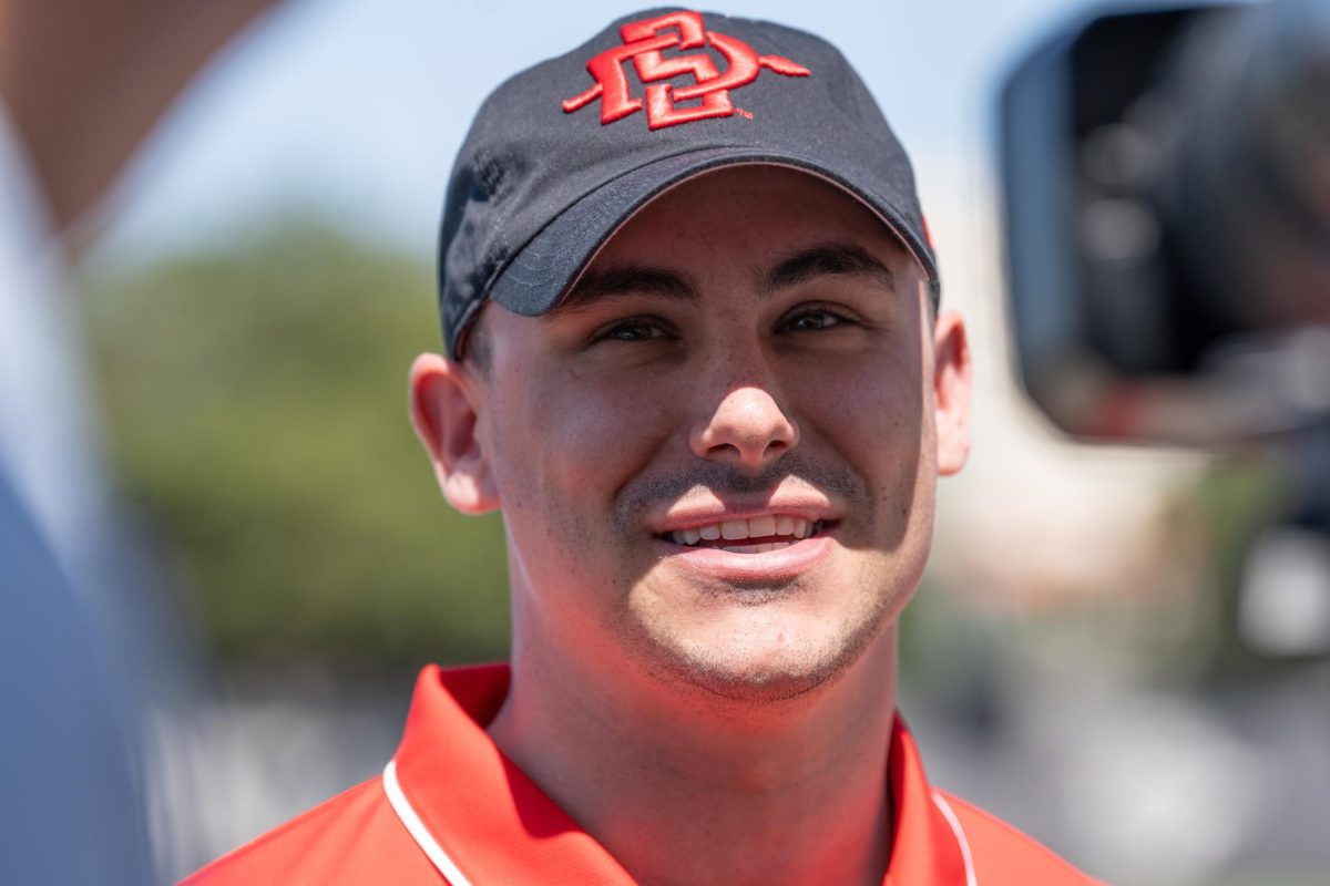 SDSU football general manager Caleb Davis speaks to the media after a spring training practice on April 8, 2025 at the Aztec Lacrosse Field. 
