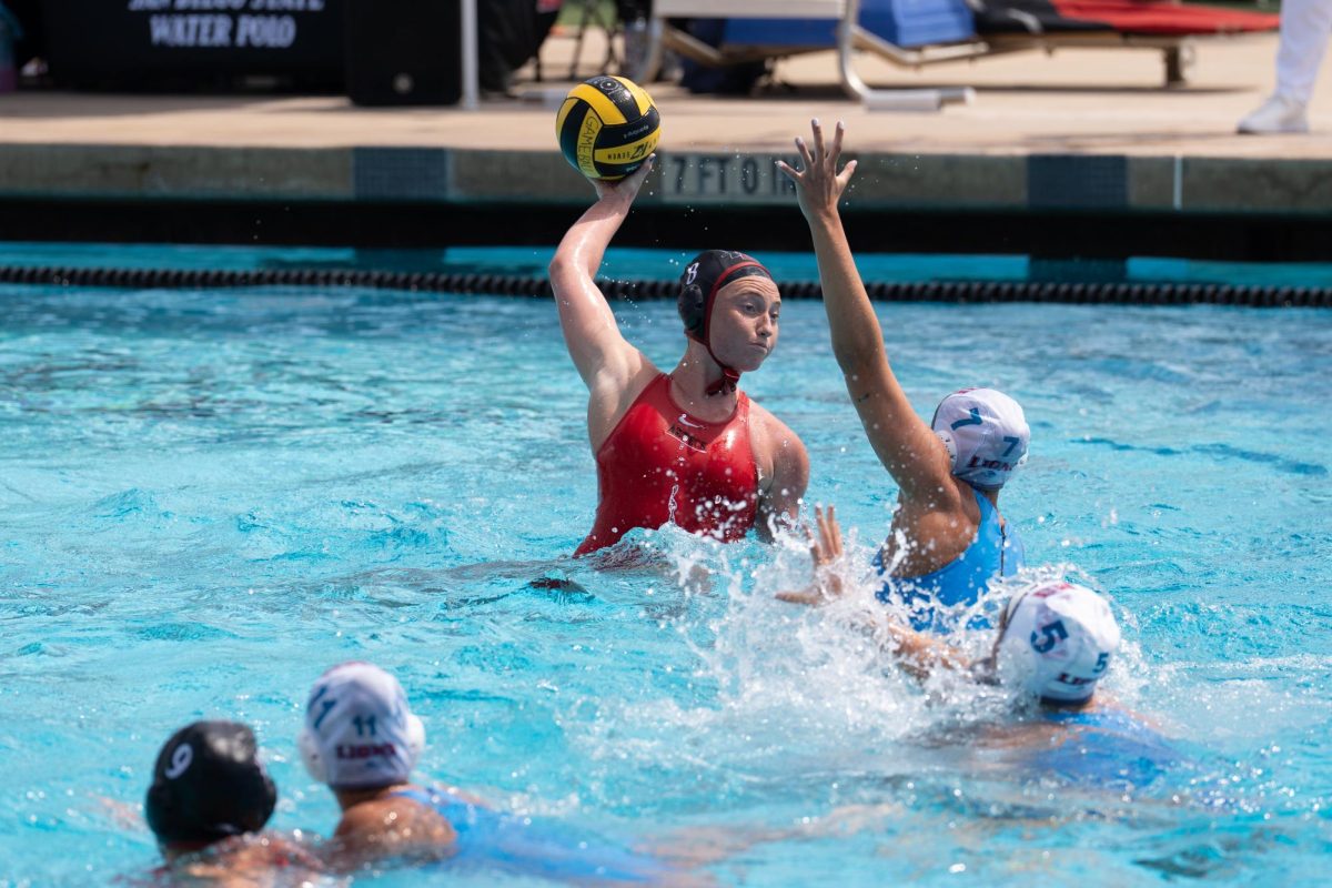 San Diego State junior attacker Shannon Murphy attempts a shot in an 11-17 loss against Loyola Marymount at the Aztec Aquaplex on April 12, 2025. 
