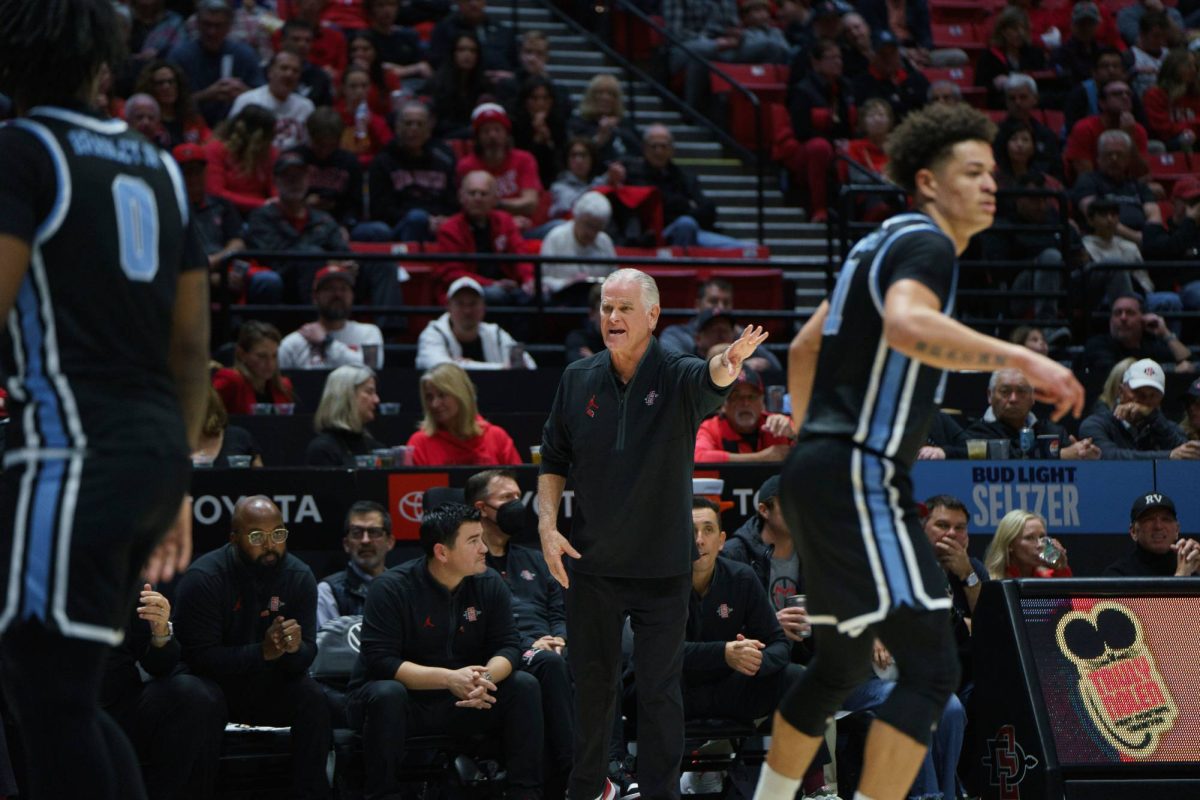 San Diego State head coach Brian Dutcher  coaches the team during on court play in a game against University of San Diego at Viejas Arena on Dec. 7, 2024. 
