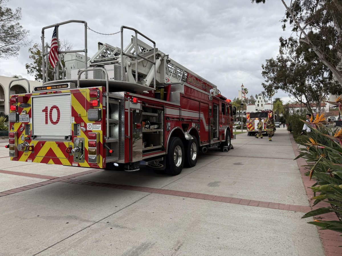Fire crews respond to an electrical fire at San Diego State University's Love Library on the morning of Wednesday, April 16, 2025.