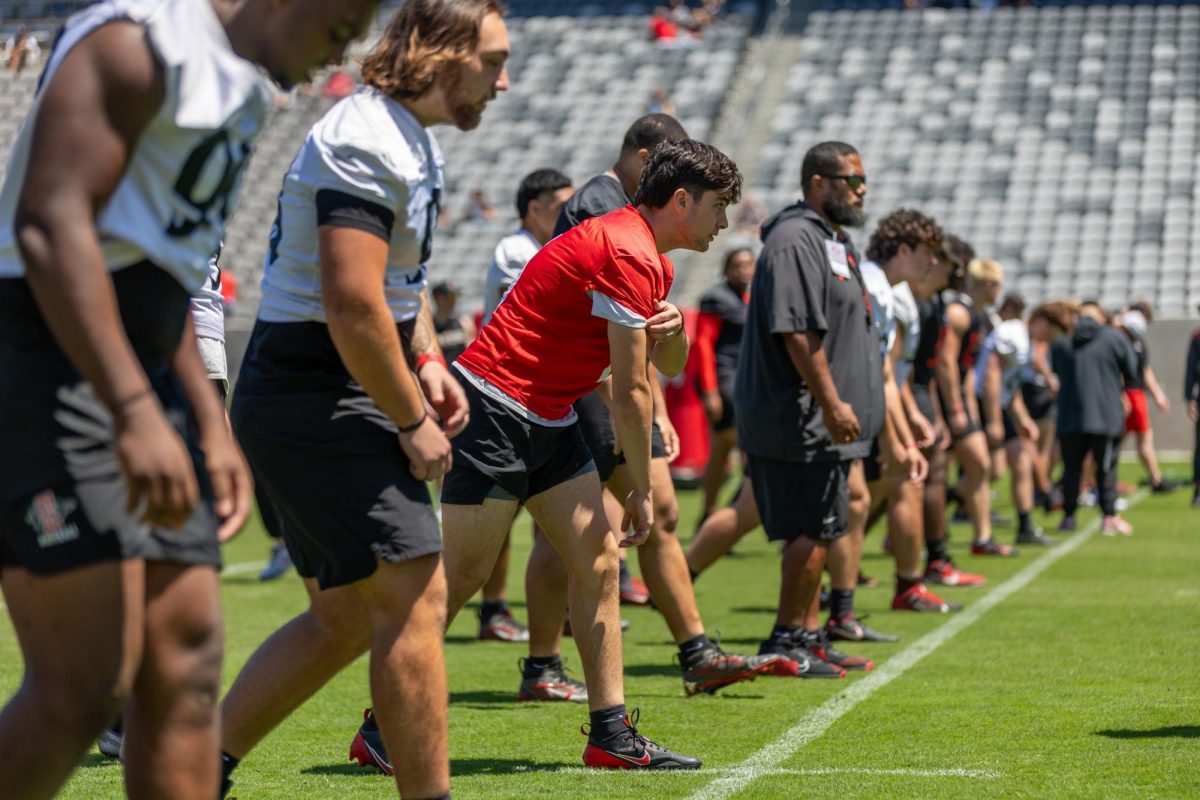 San Diego State football players begin to warm up at Snapdragon Stadium on April 19th, 2025..