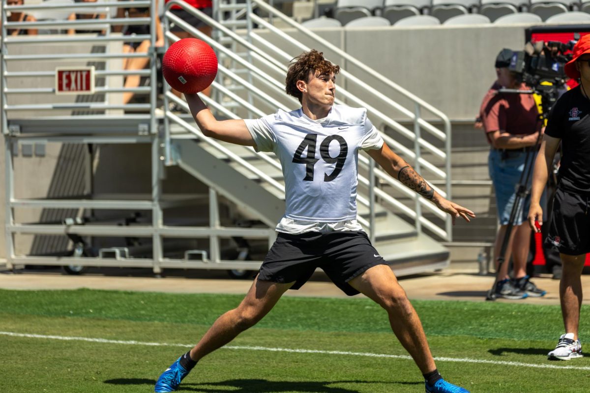 San Diego State players compete in a dodgeball match at Snapdragon Stadium on April 19th, 2025.