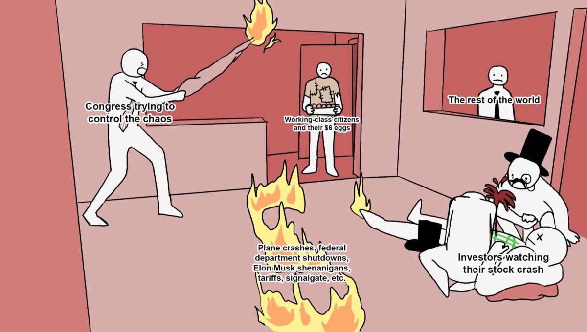 A scene that depicts a array of unfortunate events captioned by current struggles occuring in the United States such as investors losing stock and government shutdowns. The rest of the world and the working class watch from afar.