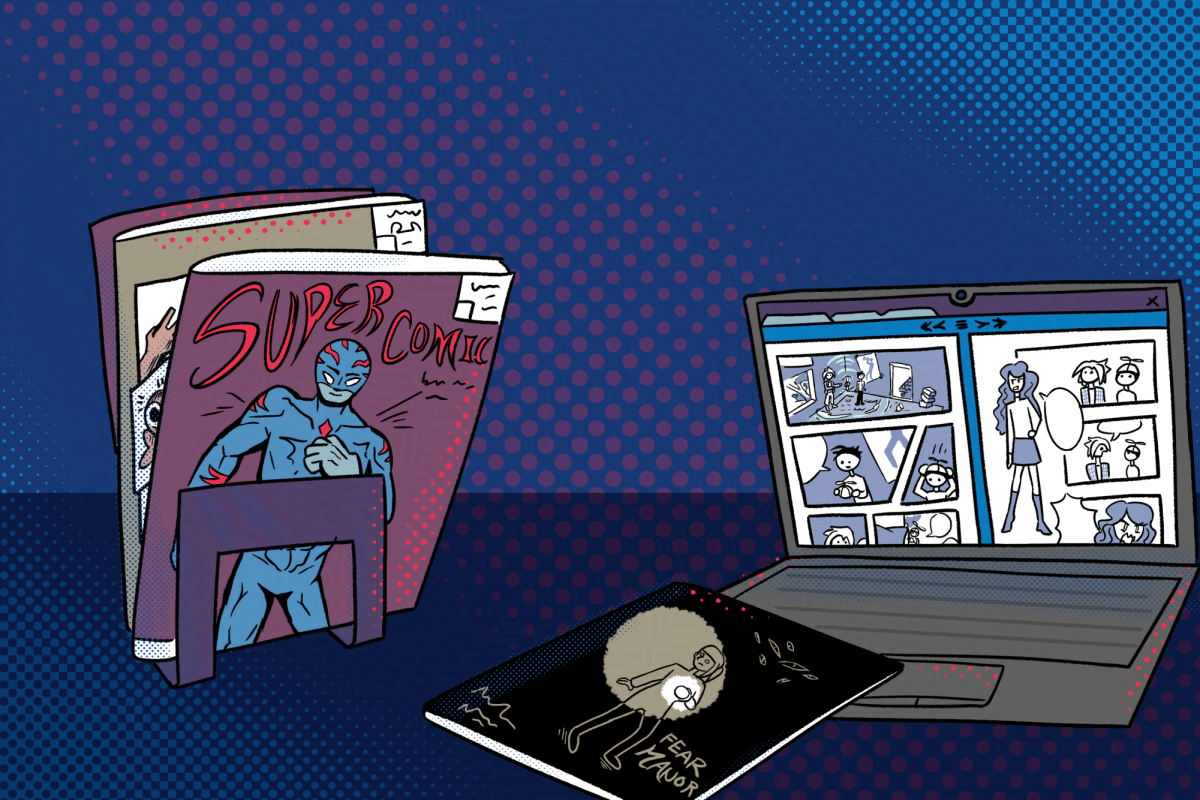 A graphic of various comic books. 