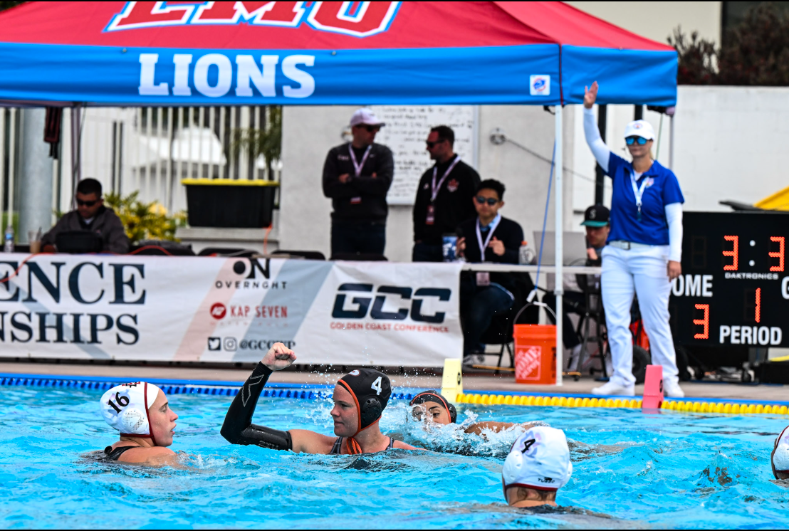 Pacific attacker Dora Alasksza celebrates following a scored goal against San Diego State in GCC third place game. Image Courtesy of Golden Coast Conference.
