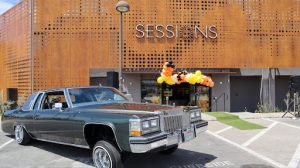 A Cadillac Brougham, provided by the Groupe SD Lowrider Club, sits in front of Sessions by the Bay on April 17, 2025, in National City, Calif.