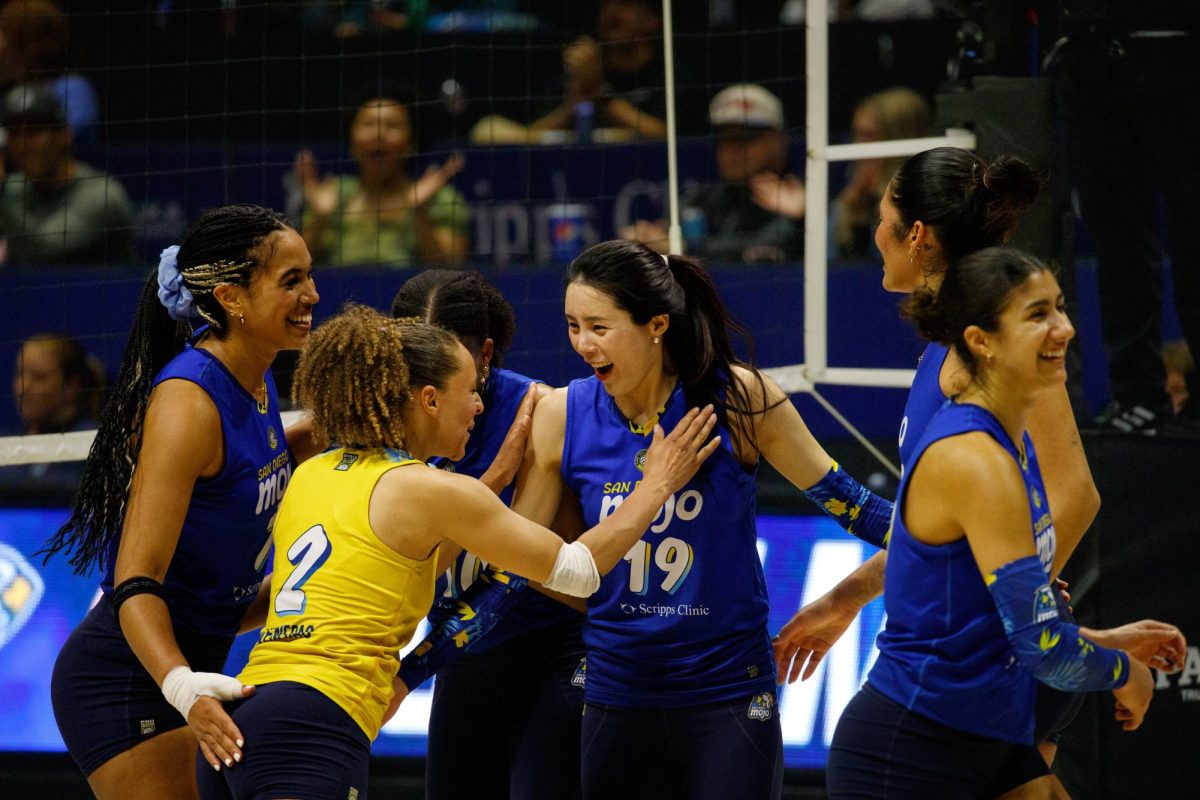 San Diego Mojo players celebrate after clinching a 3–1 victory over the Indy Ignite at Viejas Arena on May 3, 2025, in their final home match of the season.