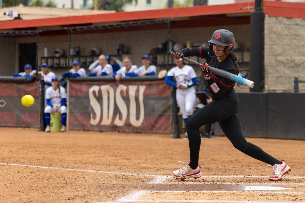 San Diego State left fielder Bella Espinoza (3) tries to bunt against San Jose State on Saturday, May 3, 2025, at SDSU Softball Stadium, Calif.