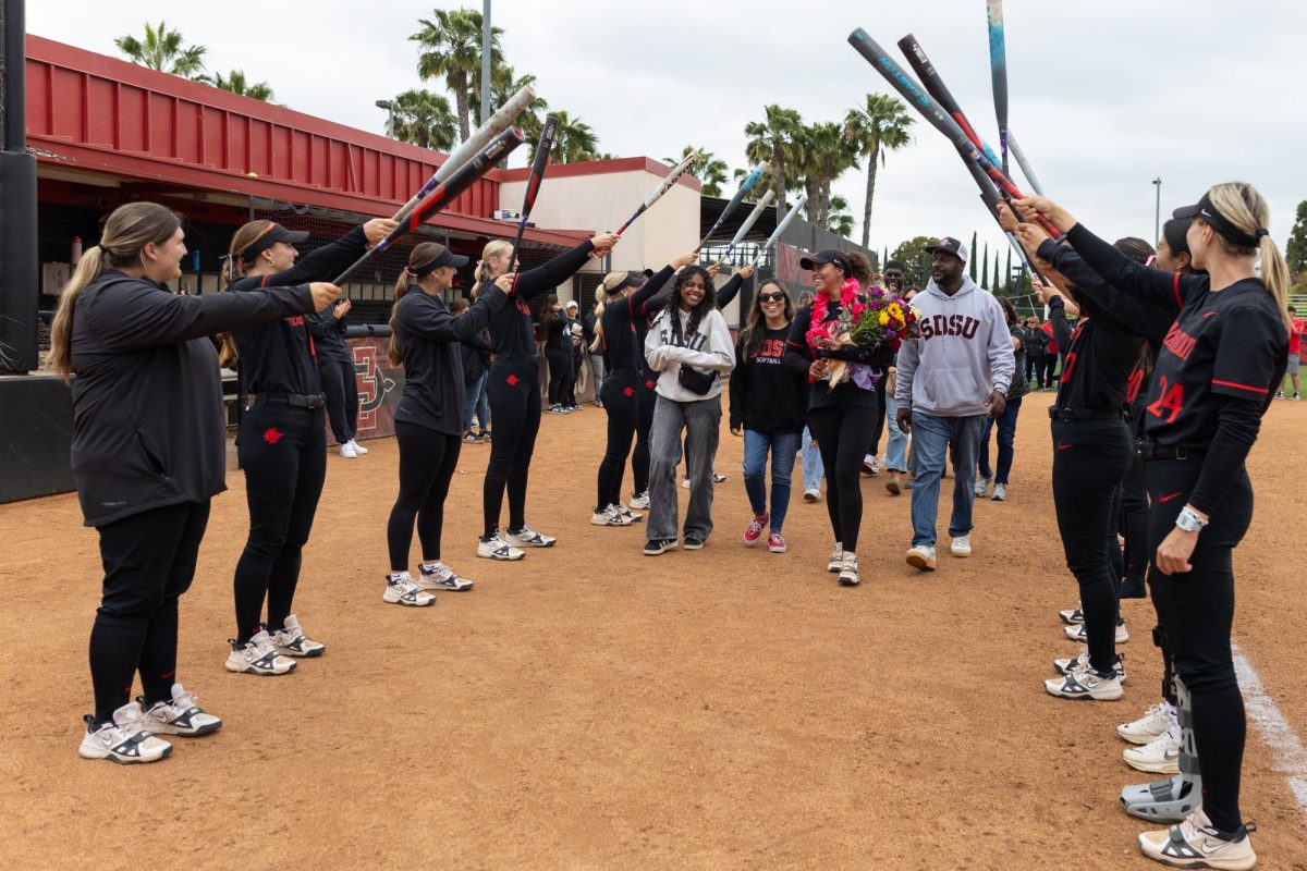 Family, friends and teammates gather to celebrate Sav Adams’ (26) achievements on Senior Day on Saturday, May 3, 2025, at SDSU Softball Stadium, Calif.