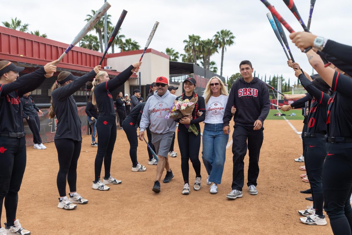 Family, friends and teammates gather to celebrate Bella Espinoza’s (3) achievements on Senior Day on Saturday, May 3, 2025, at SDSU Softball Stadium, Calif.