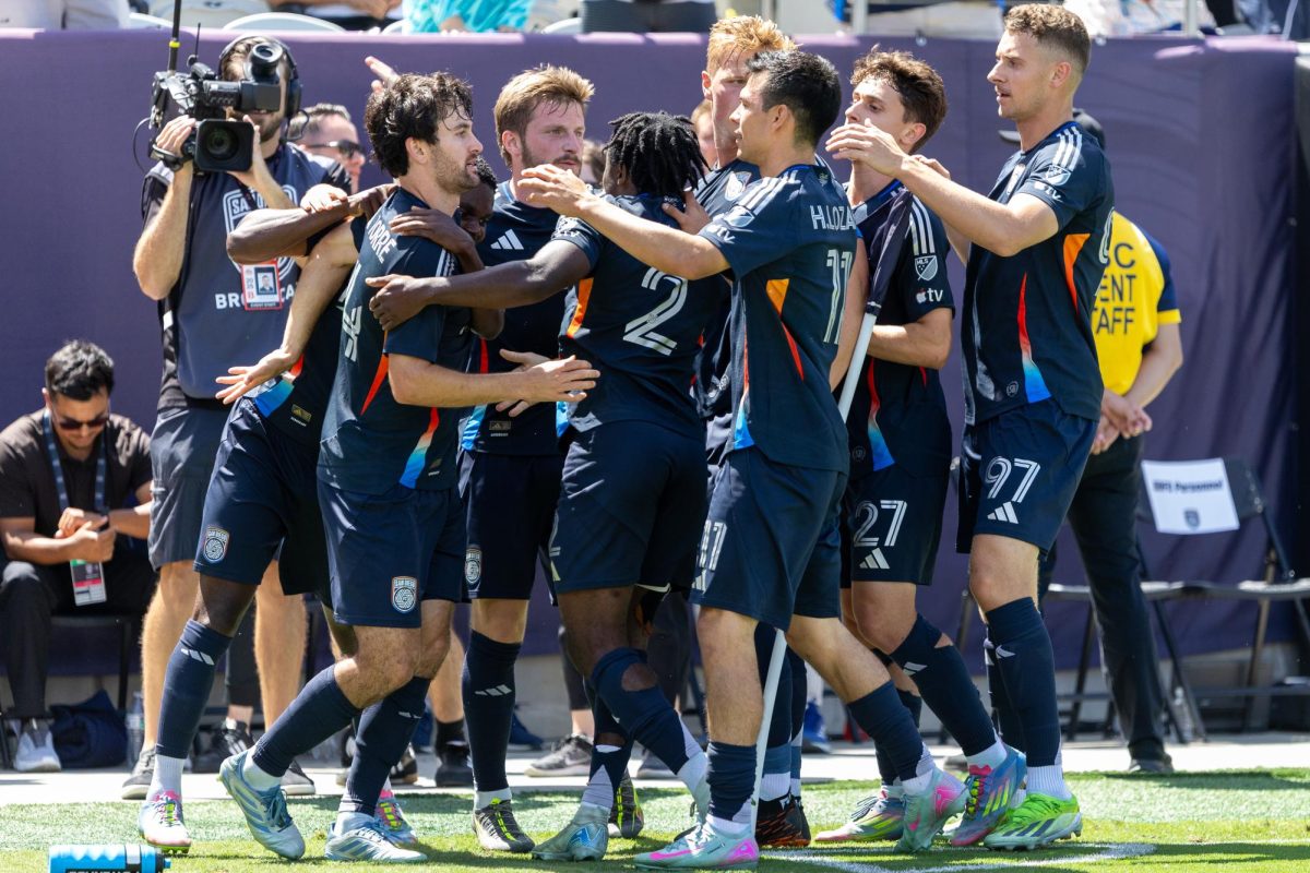 SD FC Luca de la Torre (14), left, celebrates with his teammates after he evens the game 1:1 against the LA Galaxy at the Snapdragon Stadium in San Diego on Saturday, May 24, 2025.