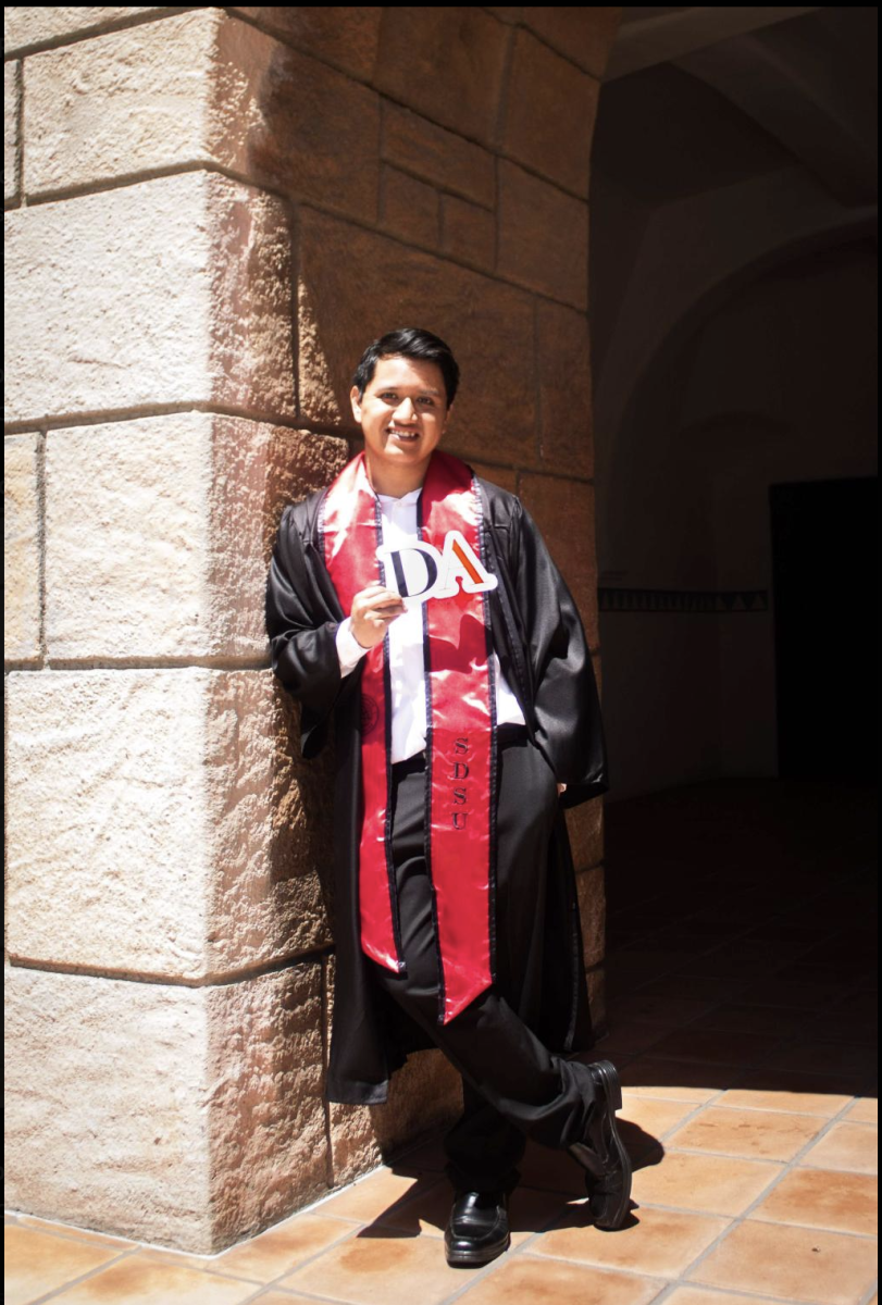 David Rosas, a Daily Aztec staff writer, poses in his graduation cap and gown at Hepner Hall at San Diego State University. (Photo by Yahir Jaimes Garcia)
