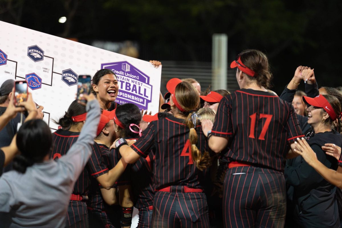 No. 2 SDSU celebrates as they advance to the Mountain West Softball Championship game after a 6-1 win against No. 4 Boise State and a 5-4 upset win against No. 1 Nevada on Saturday, May 9, 2025.