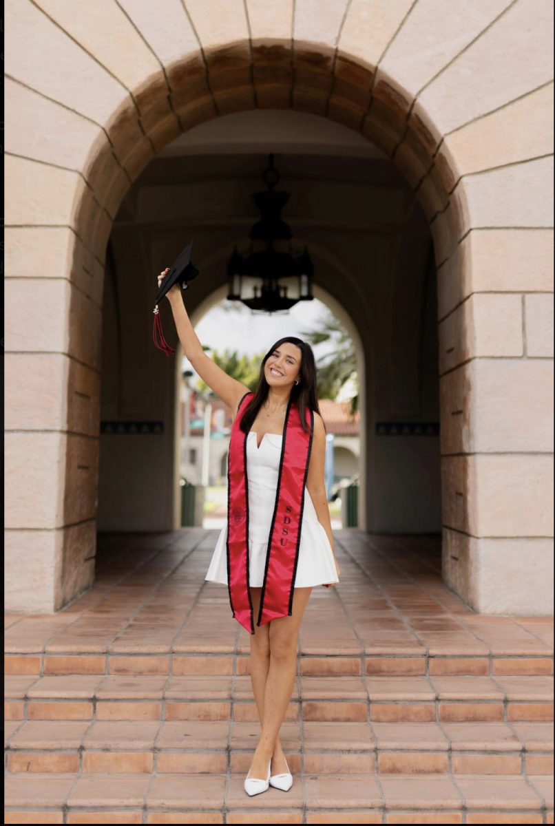 Isabella Dallas celebrates in her cap and SDSU stole at Hepner Hall on April 14, 2025. (Photo by Sidney Giles, @sidneyrayephoto on Instagram)
