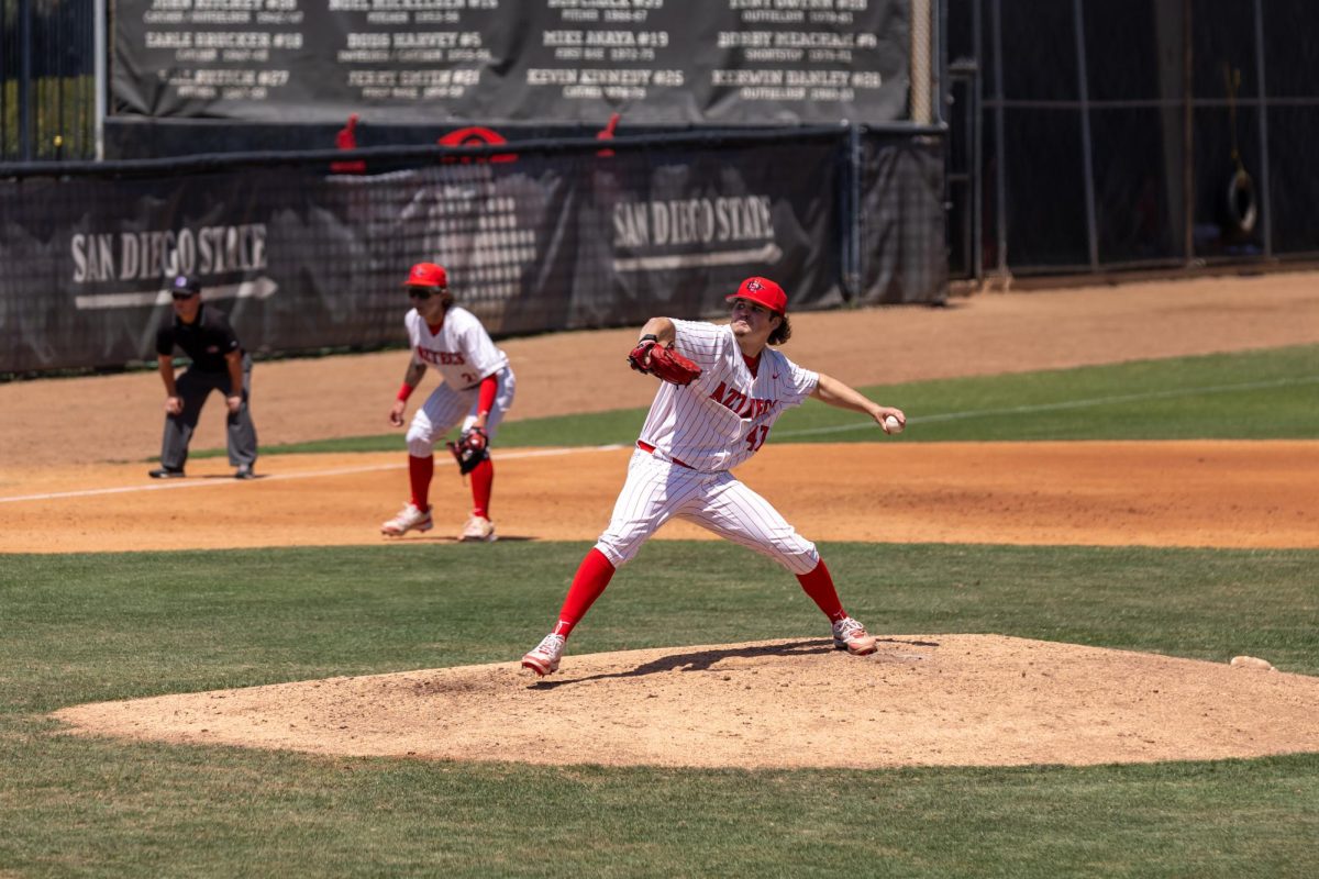 San Diego State pitcher Garvey Rumary throws a pitch at Tony Gwynn Stadium on April 13th, 2025.