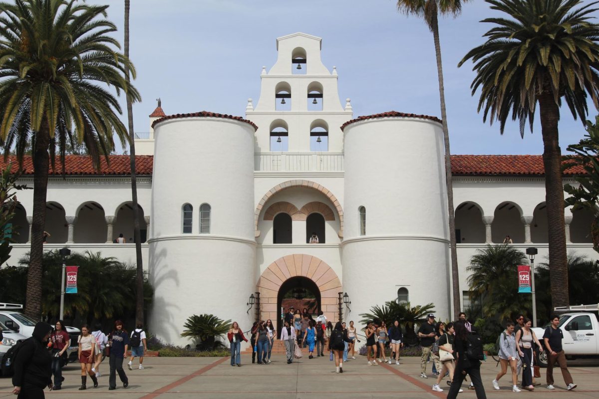 Students between classes outside of Hepner Hall at San Diego State University.