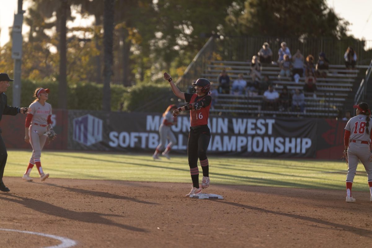 San Diego State short stop Quinn Waiki (16) celebrates after hitting a double, her only hit of the night, during game 4 of the Mountain West Softball Championship on Thursday, May 8, 2025 at SDSU Softball Stadium, Calif.