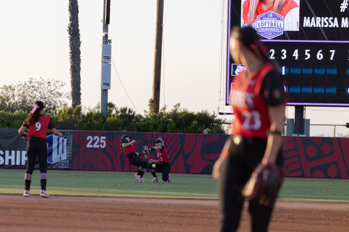 Costly error by San Diego State outfielders allows two runs to score during the top of the fourth during game 4 of the Mountain West Softball Championship on Thursday, May 8, 2025 at SDSU Softball Stadium, Calif.
