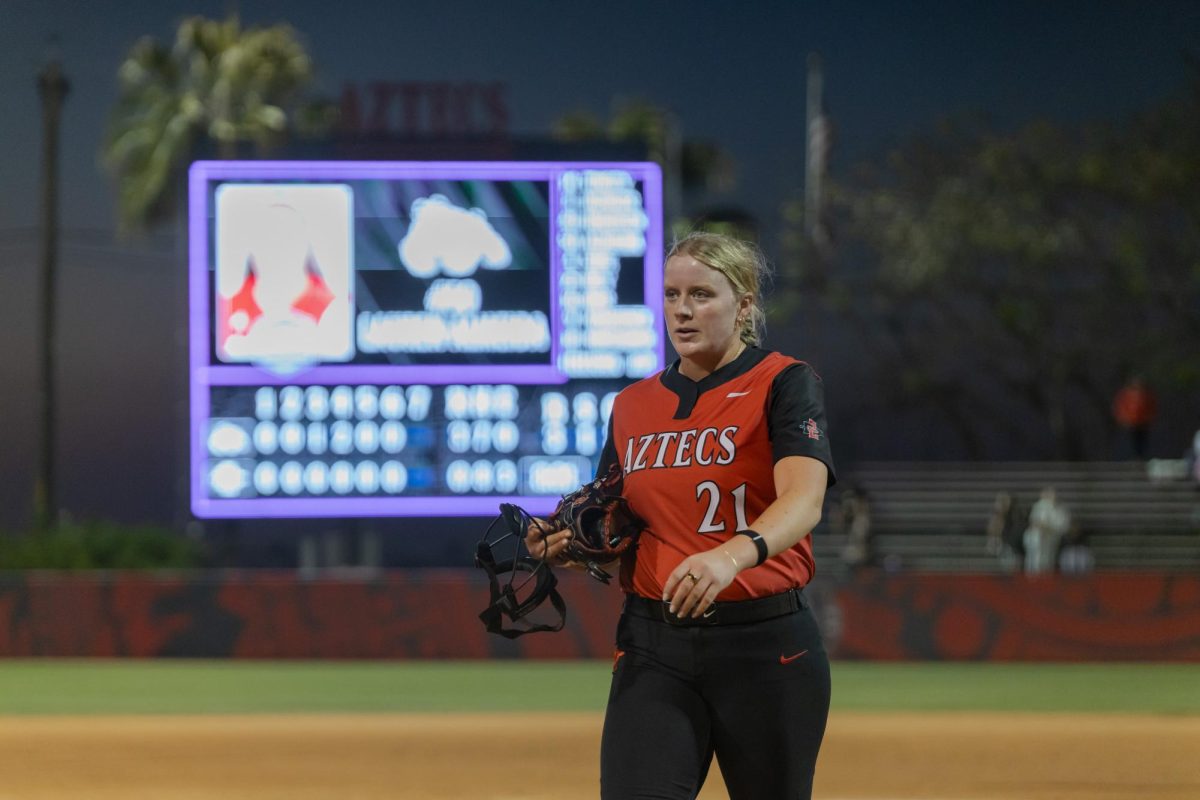 San Diego State relief pitcher Cece Cellura (21)  keeps the game at 3-0, allowing no runs during game 4 of the Mountain West Softball Championship on Thursday, May 8, 2025 at SDSU Softball Stadium, Calif.