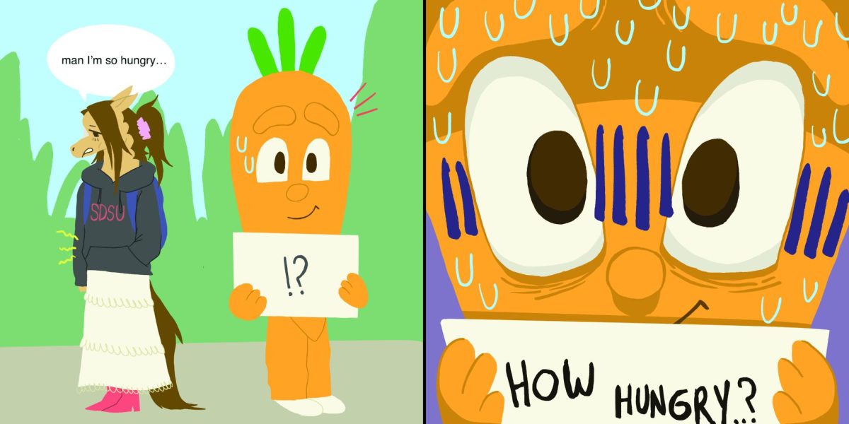 A carrot mascot from the app, "Carrot." stands beside a horse-student who says "Man, I am so hungry". In the next panel the carrot mascot looks concerned with a sign that exclaims "How Hungry...?"

This is a commentary of the frequent presence of this mascot on SDSU's campus this past 2024-2025 school year. 