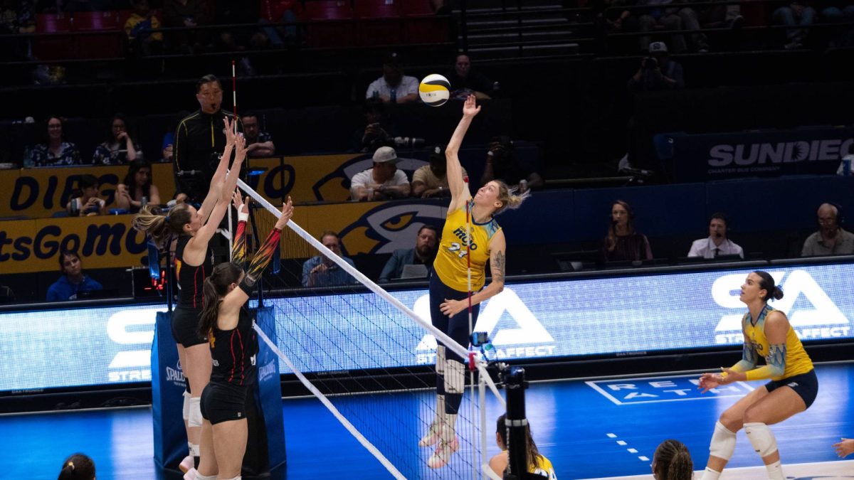 San Diego Mojo middle blocker Regan Pittman spikes the ball against Columbus Fury on May 1st, 2025 at Viejas Arena. 
