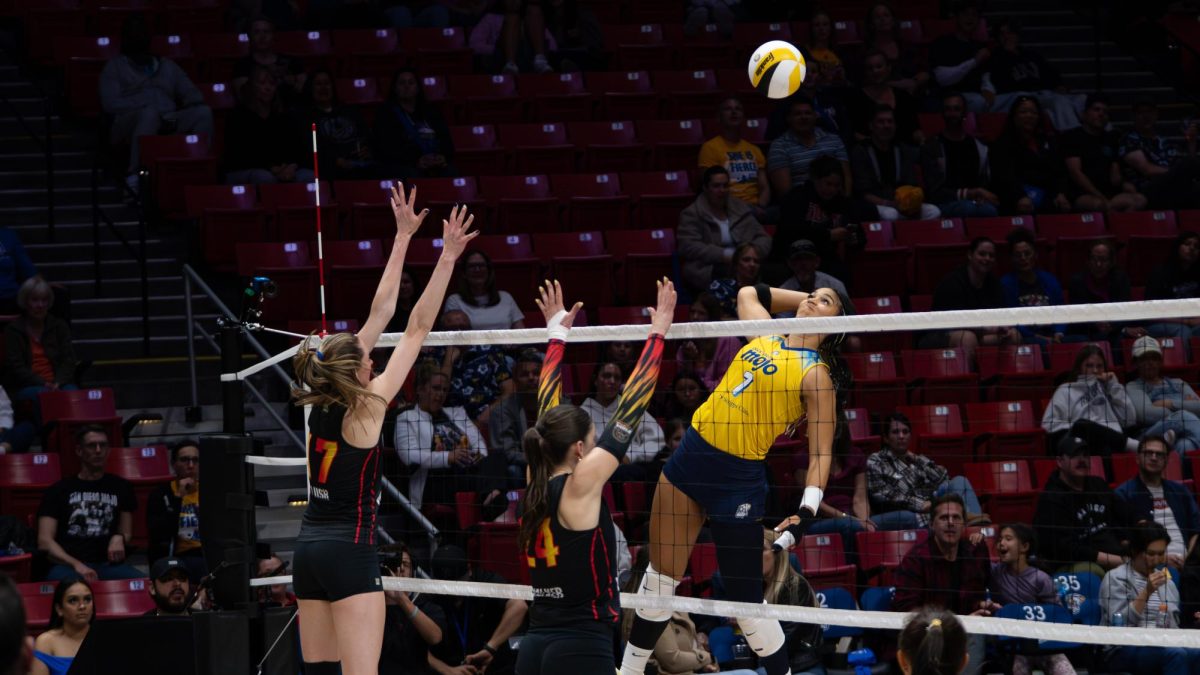 San Diego Mojo middle blocker Ronika Stone elevates to slam the ball against Columbus Fury on May 1st, 2025 at Viejas Arena. 
