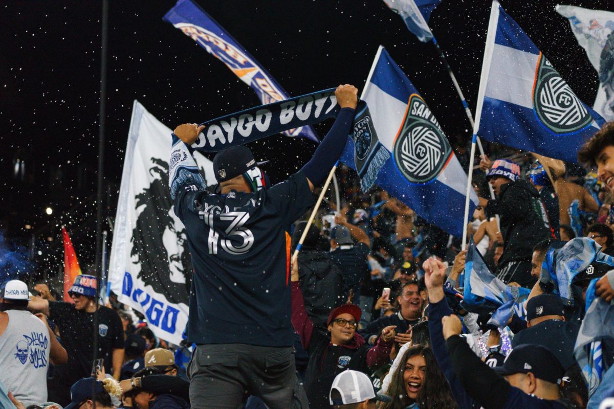 The San Diego FC frontera throws their drinks in celebration after midfielder Onni Valakari scores SDFC's fourth goal of the game against FC Dallas on May 3, 2025 at Snapdragon Stadium.