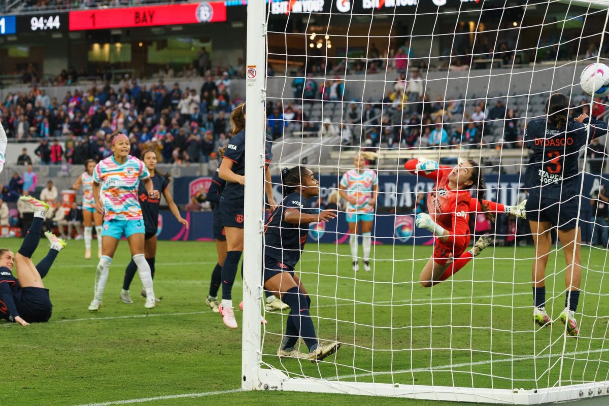 San Diego Wave FC defender Trinity Armstrong scores the game-winning goal against Bay FC in the 95th minute, her first in NWSL, on May 4, 2025 at Snapdragon Stadium. 