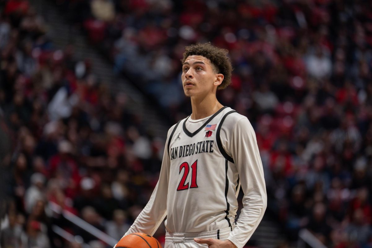 San Diego State guard Miles Byrd prepares before shooting a free throw after Aztec victory at Viejas Arena on Tuesday, Feb. 25, 2025
