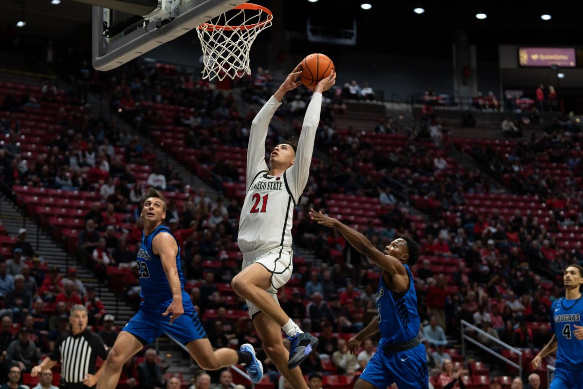San Diego State Guard Miles Byrd reaches for the basket against the Gonzaga men’s basketball team leading to a 80-67 loss on Monday, Nov. 19 at Viejas Arena.
