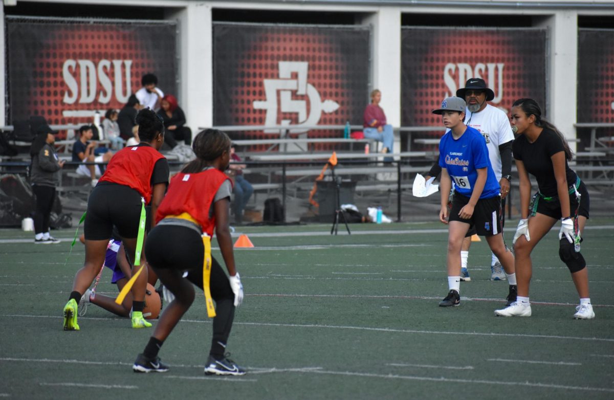 Participants lineup in a two-on-two scrimmage, lead by coach Derek Ferrell.