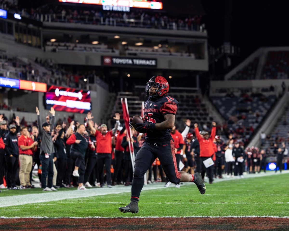 Former San Diego State running back slowly walks into the endzone for a touchdown last season against New Mexico at SnapDragon Stadium