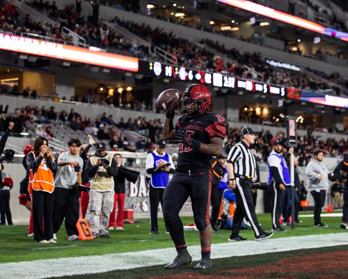 Former San Diego State running back slowly walks into the endzone for a touchdown last season against New Mexico at SnapDragon Stadium
