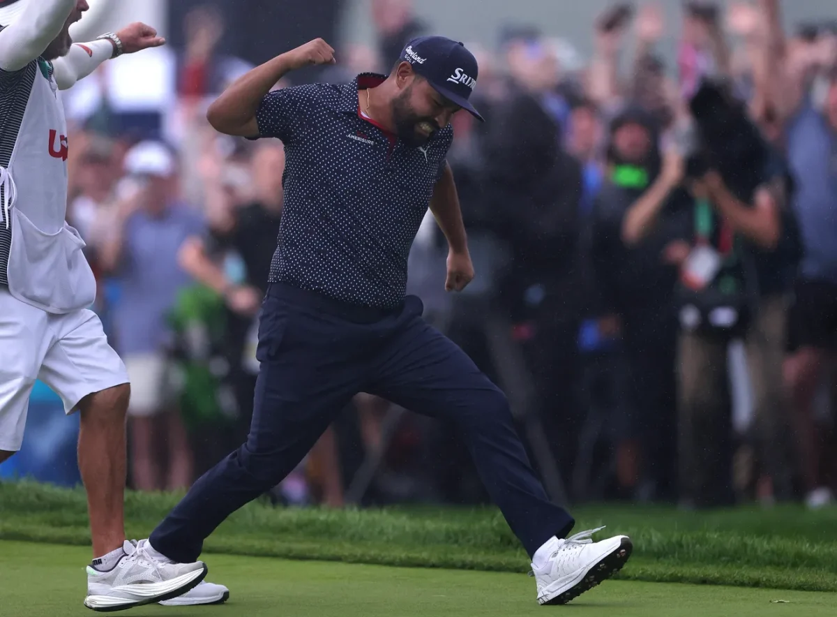 J.J. Spaun pumps his fist after securing the U.S. Open title at Oakmont Country Club. Photo Courtesy of Andrew Redington, Getty Images.