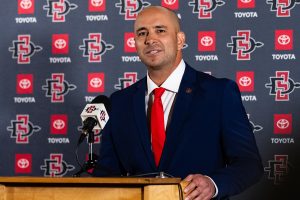 San Diego State baseball head coach Kevin Vance speaking during his introductory press conference at Fowler Athletics Center. Photo courtesy of (Derrick Tuskan/SDSU Athletics).