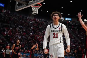 San Diego State guard Miles Byrd poses for the crowd at Viejas Arena during a game against UNLV last season.