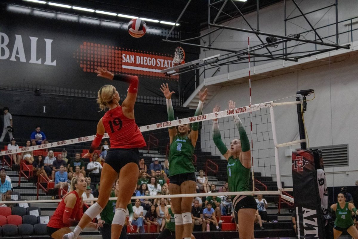 San Diego State's Natalie Hughes (#19) jumps to spike against Tulane in the SDSU invitational on September 7, 2024. Photo by Isabella Canale.