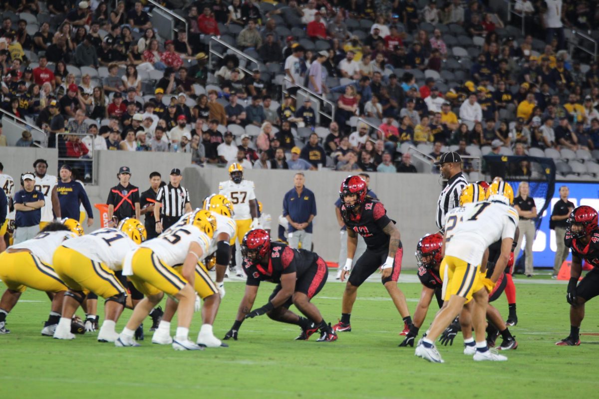 Defense Krishna Clay (54) and linebacker Owen Chambliss (12) prepare to start a round on Sept. 20 versus Cal State. Photo by Isabella Biunno
