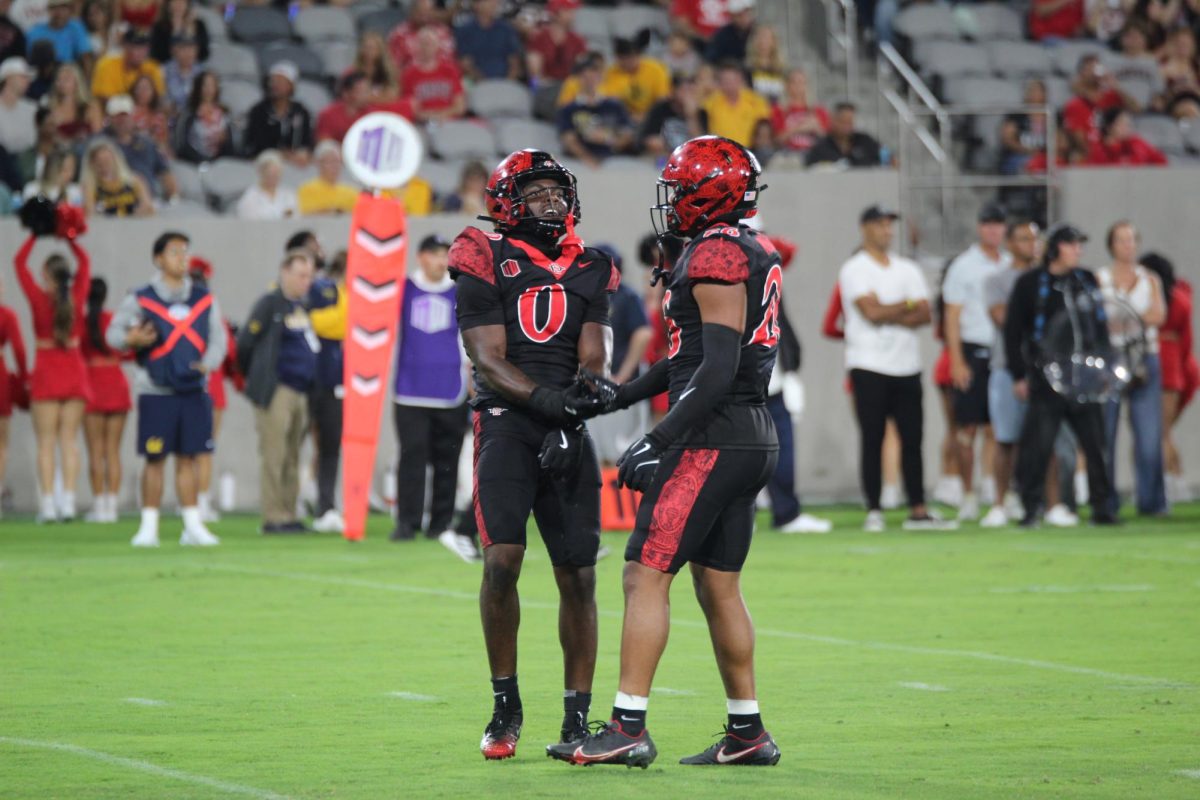 San Diego State cornerbacks Bryce Phillips and Dwayne McDougle celebrate following a play 