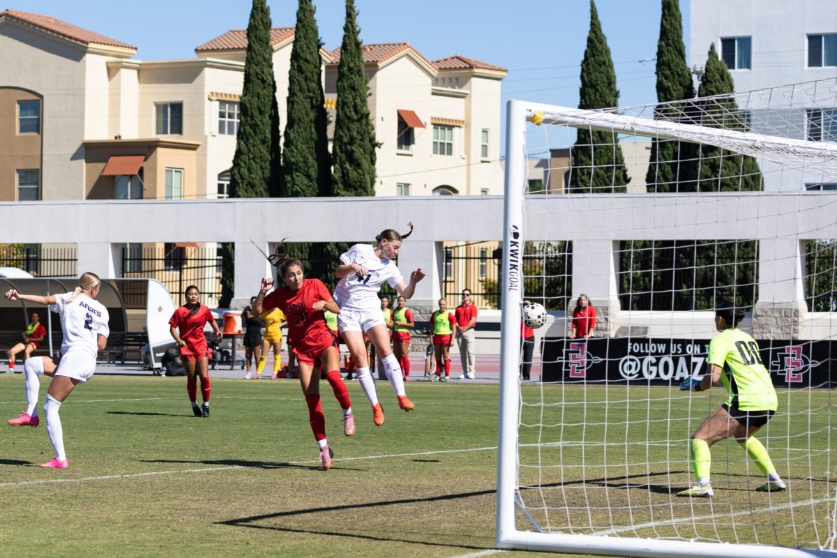 San Diego State women's soccer defender Emma Fuller attempts a header into the goal during a match against Utah State at the SDSU Sports Deck on Oct. 19, 2025.