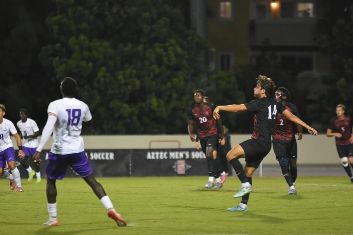 Senior defender Tristan Viviani, clears the ball from a promising attack against Grand Canyon University at the SDSU Sports Deck on October 9th, 2025. 