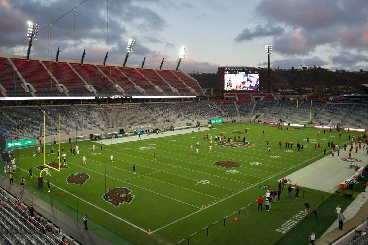 The San Diego State Glyphs logos sit over the endzones before a game this season on Friday, Oct. 3, 2025 at Snapdragon Stadium