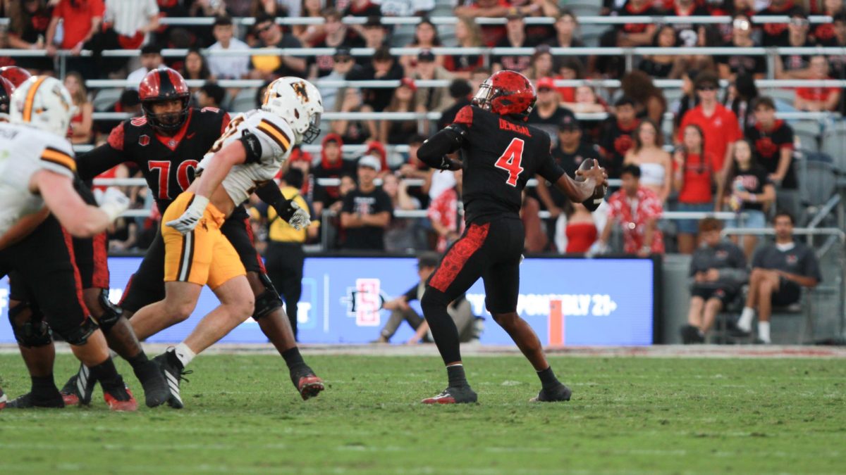San Diego State quarterback Jayden Denegal winds up a pass against Wyoming on Nov. 1, 2025 at Snapdragon Stadium. 
