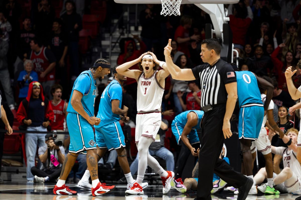 Senior Guard Reese Dixon-Waters celebrates after a defensive stop on Nov. 18th 2025 vs Troy at Viejas Arena.