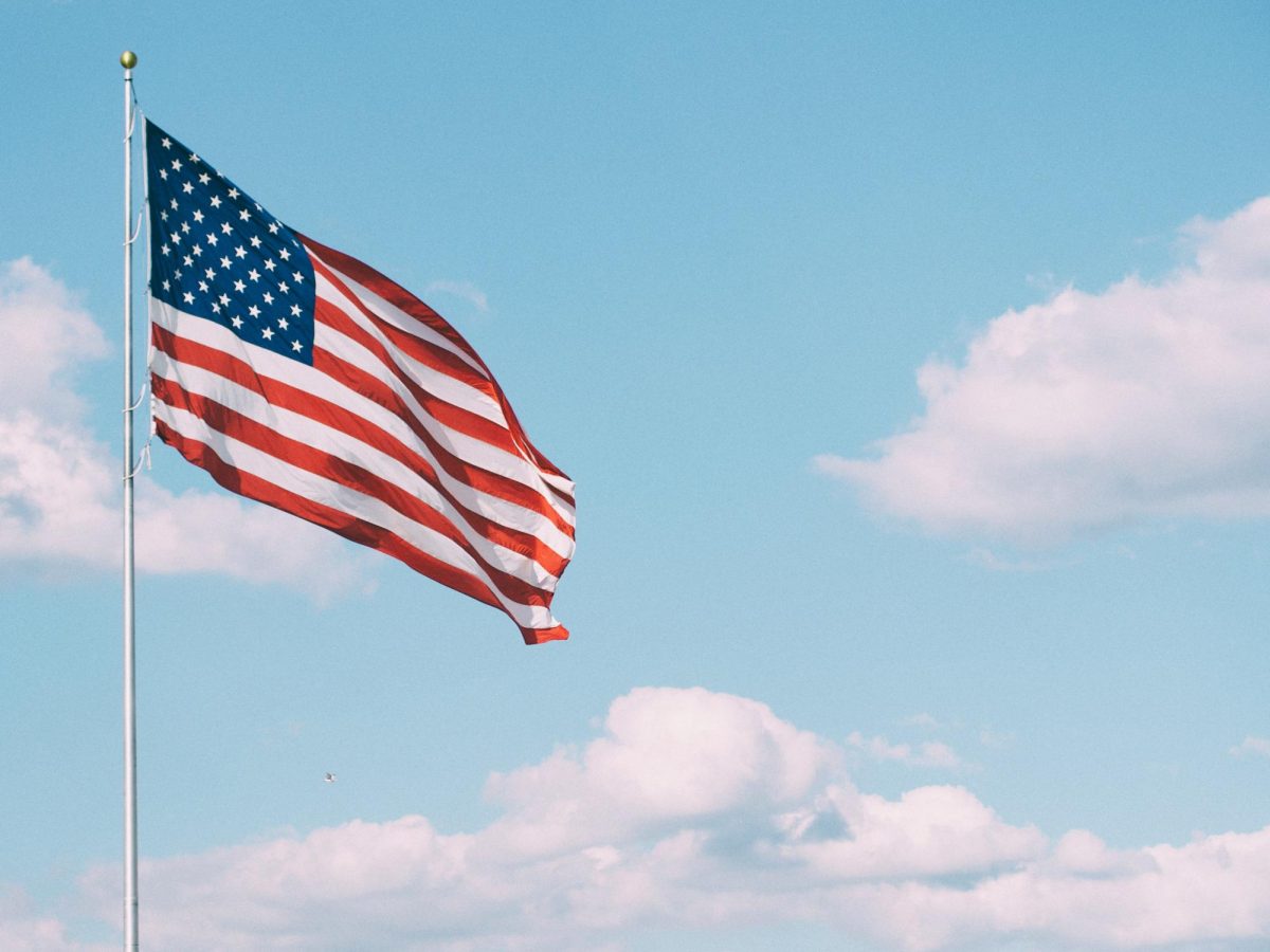 American flag waves in the wind.