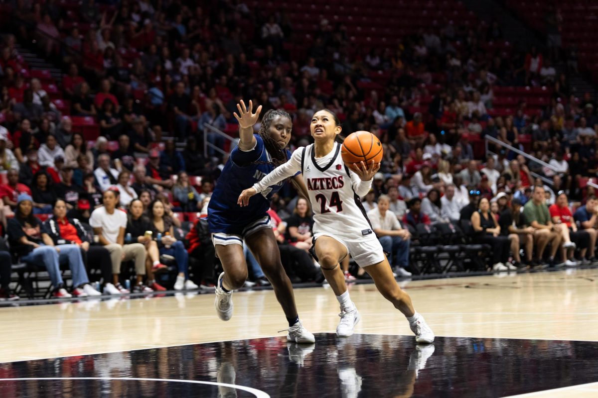 San Diego State sophomore guard Naomi Panganiban goes for a layup during the 67-54 win against Nevada on Saturday, Jan. 31, 2026 at Viejas Arena.