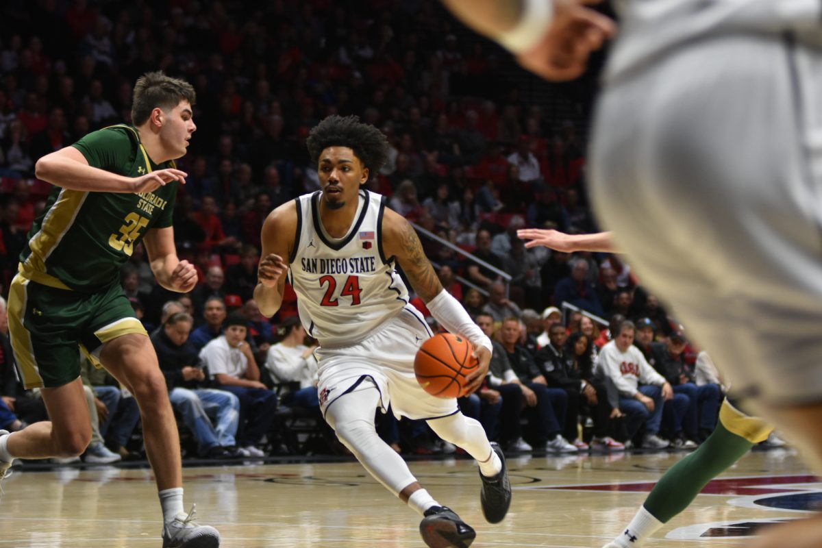 Taj DeGourville dribbles past a Colorado defender towards the basket at Viejas Arena on Wednesday, January 28th, 2026. 