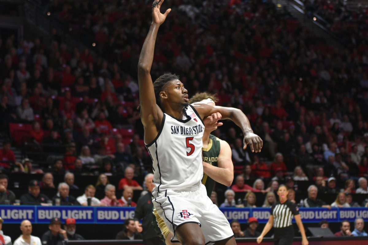 Sophomore, Pharaoh Compton raises his hand in contest to a pass from Colorado State at Viejas Arena on Wednesday, January 28th, 2026. 